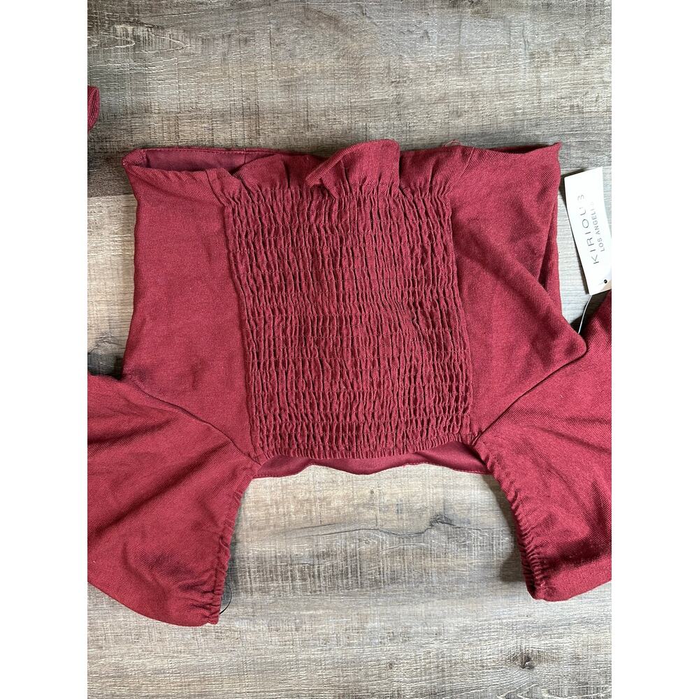 Kirious LA Burgundy Ribbed Lace-Up Crop Top Smocked Peasant Blouse Large - Picture 10 of 16